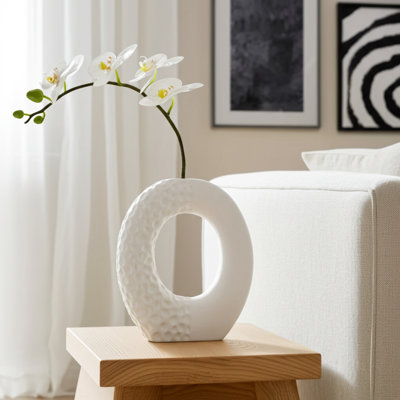 Stoneware Ceramic Vase with Sculptural Circular Design and Textured Detail, Modern Contemporary Sleek Decorative Accent
