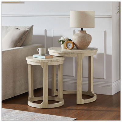 2PCS Curved Traditional Round Wooden Coffee Table Set, Mid Century Rustic Style for Living Room and Office