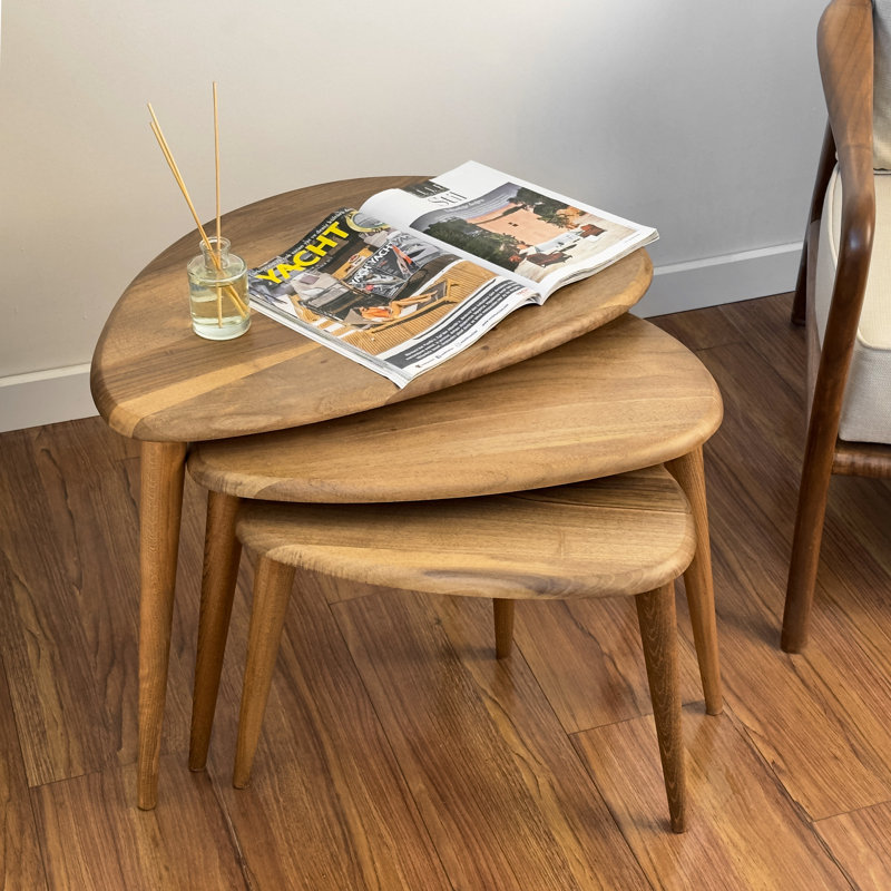 Walnut and Beech Round Nesting Coffee Tables with Tapered Legs