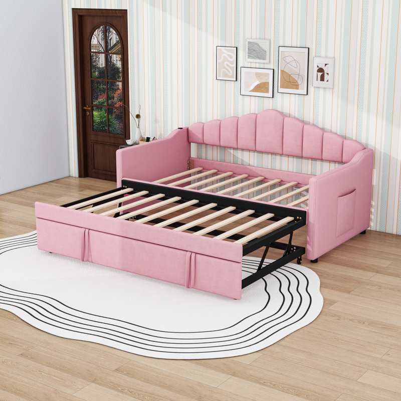 Lit de jour simple rembourré avec couchette, poches latérales et USB, Rose