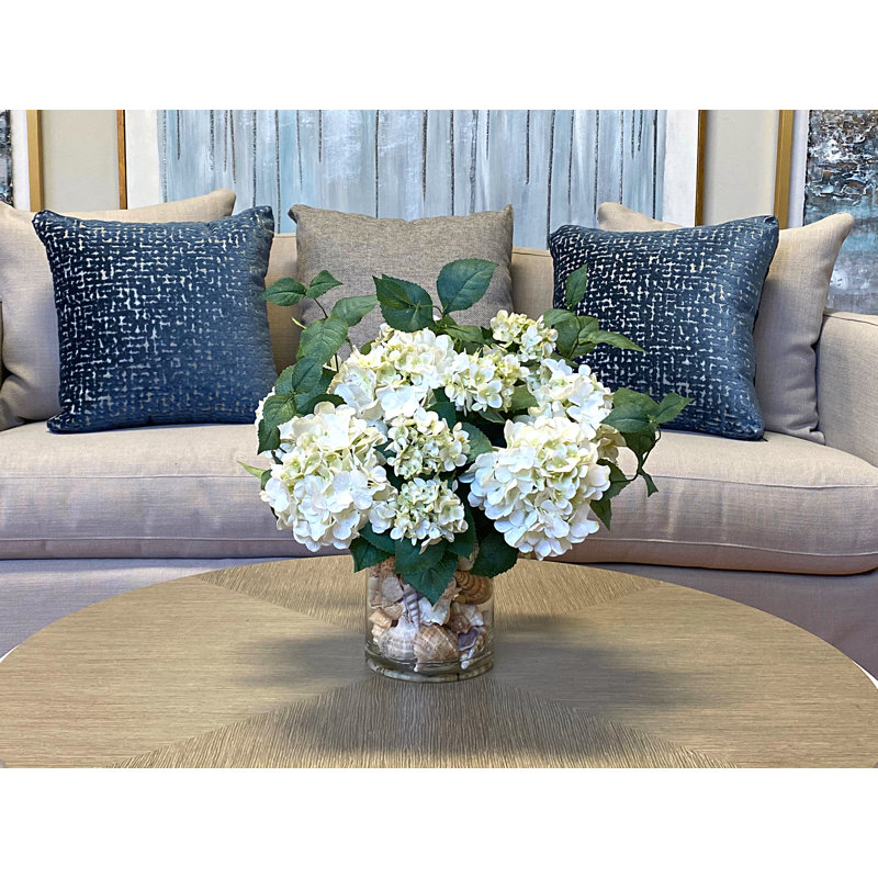 Hydrangea Floral Arrangement In A Clear Glass Vase, White/Beige