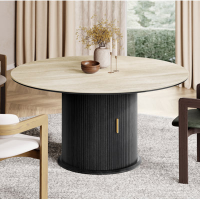 55.12'' Round Sintered Stone Dining Table With Storage Pedestal Base，Black