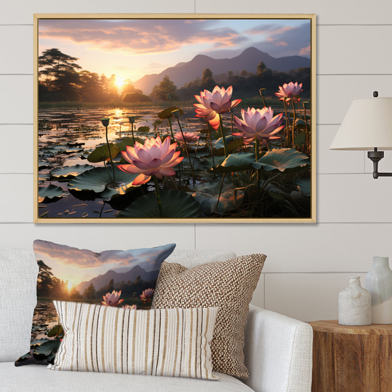 «Pink Green Lotus Field With Sunset», reproduction d'art sur toile encadrée Lotus, Cadre naturel flottant