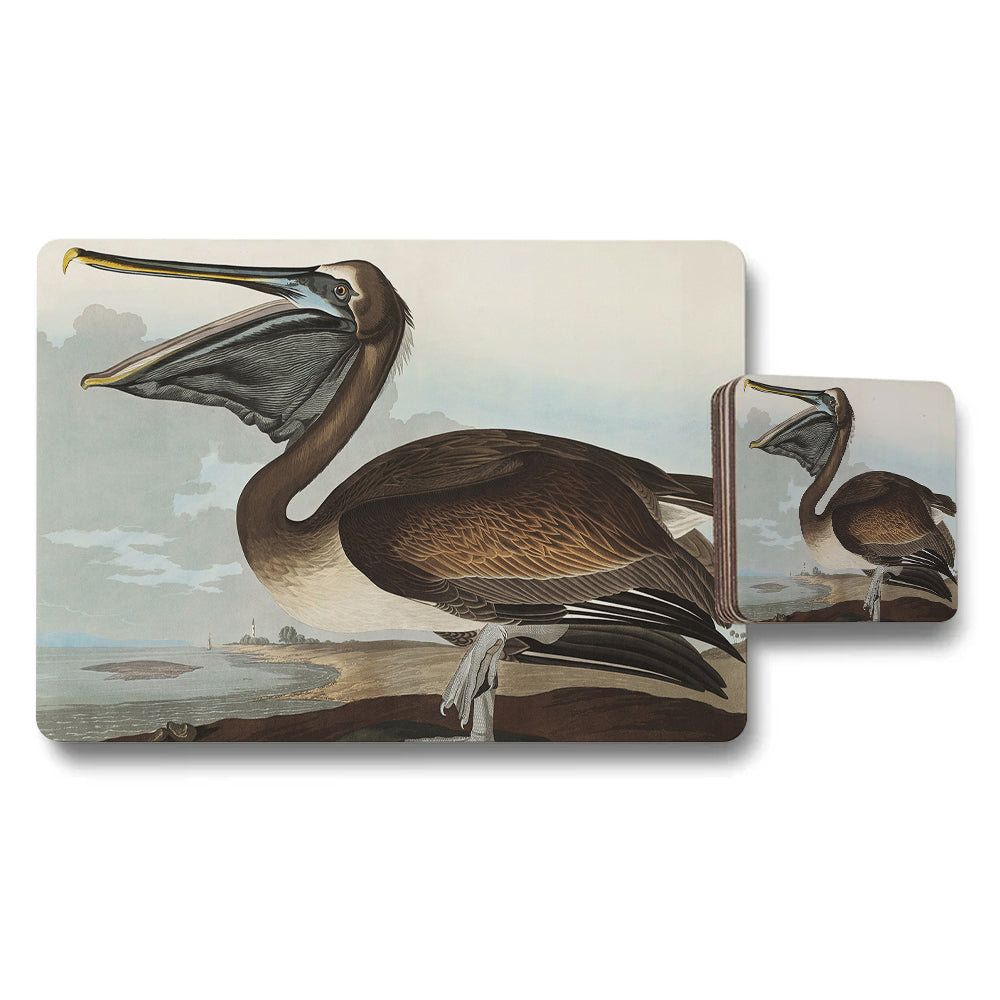 Pelican Beach Placemats And Coaster Set Vintage Illustration