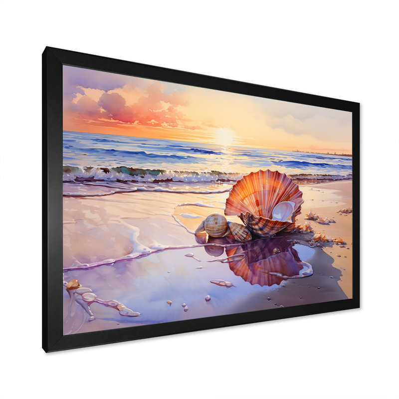 Coastal Treasures Sunset Seashell I - plage, art mural, Cadre d'angle fermé noir, H 24 po x l 32 po x P 1 po