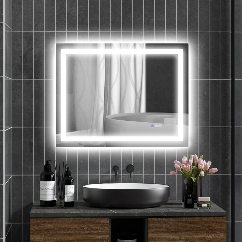 Miroir de salle de bain avec lumières à DEL 35 po x 28 po, brouillard, couleur réglable, fixation murale, rétroéclairé et éclairé à l'avant pour un miroir rafraîchissant de 35 po x 28 po, espace personnalisable, propre et attrayant