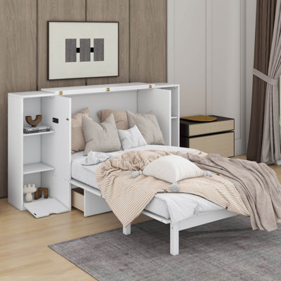 Grand lit escamotable avec tablettes, tiroirs et port USB