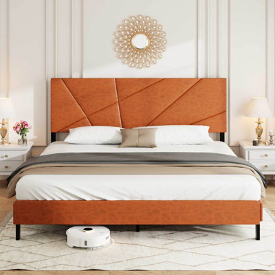 King Size Metal Bed Frame, Square Platform Bed With Under-Bed Storage, No Spring-Loaded Mattress Required, Vintage Brown