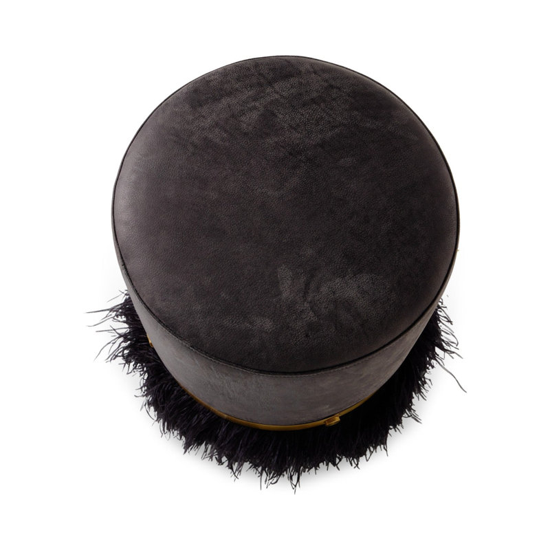 Leather Ostrich Fluff Pouf, Charcoal/Black