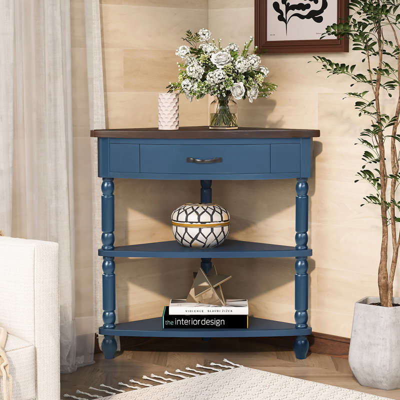 Armoire d'appoint de coin de 34 po de largeur avec tiroir et étagère moderne à 3 niveaux pour petits espaces, bleu marine