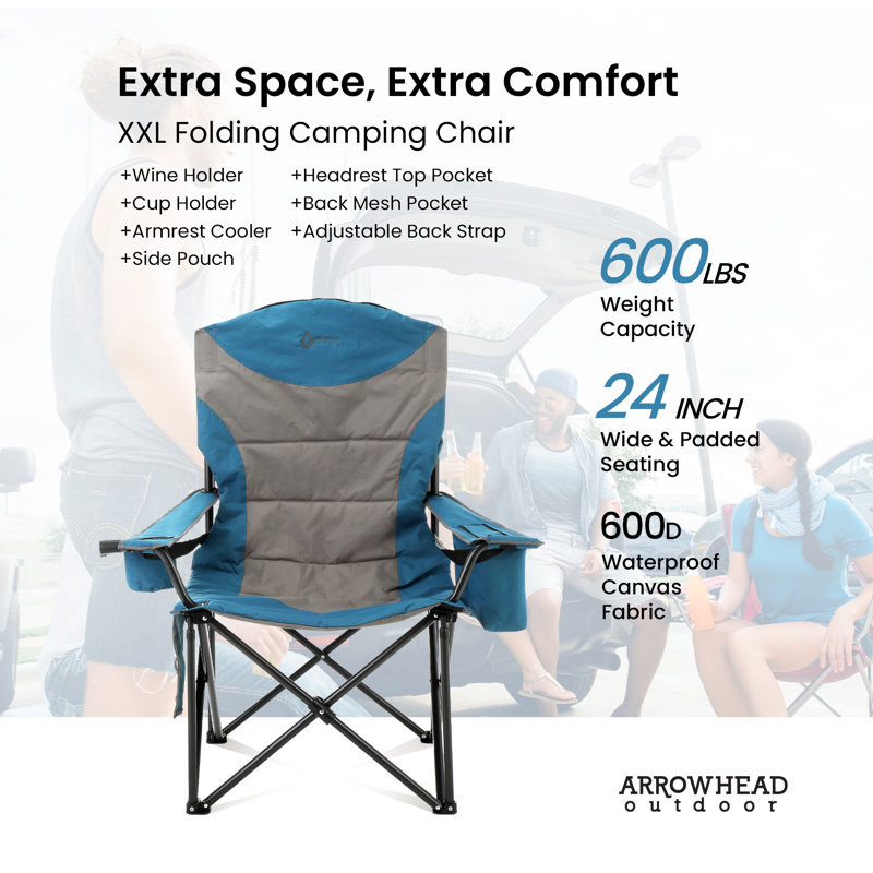 XXL Blue and Gray Padded Folding Camping Chair with Armrests