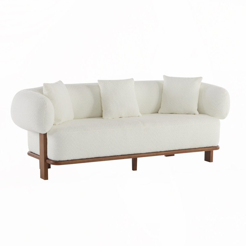 Canapé à accoudoirs arrondis de 82,25 po de largeur avec pieds en bois d'hévéa, Beige