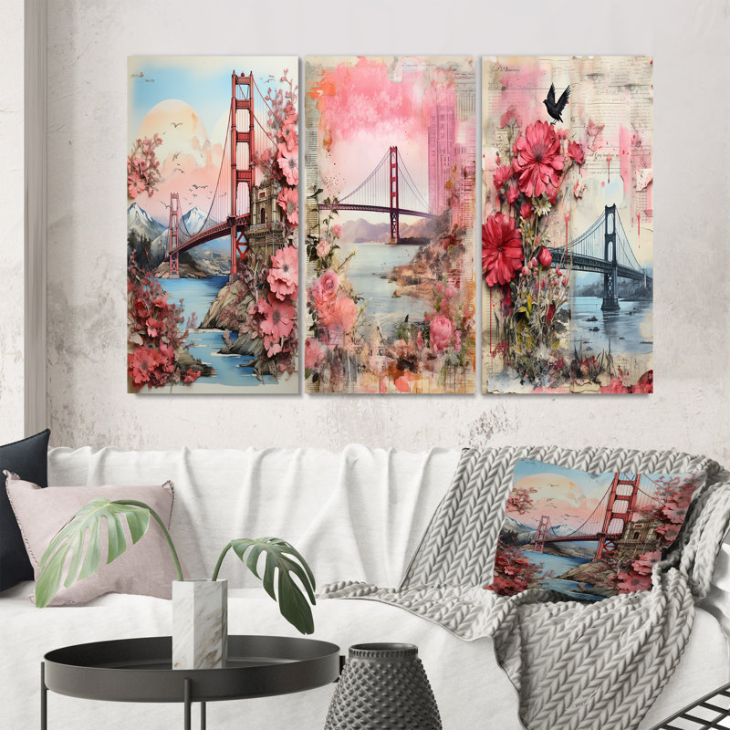 «Golden Gate San Francisco Retro Pink Collage II», 3 pièces, Toile tendue, H 28 po x l 36 po