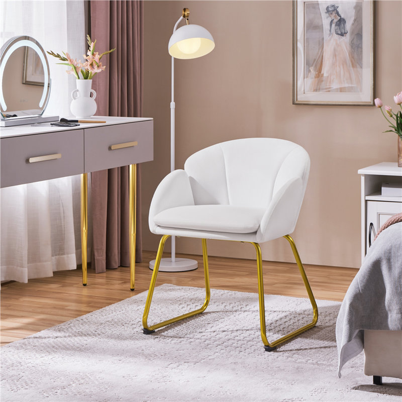 Flower Shape Tub Chair with Golden Metal Legs , White