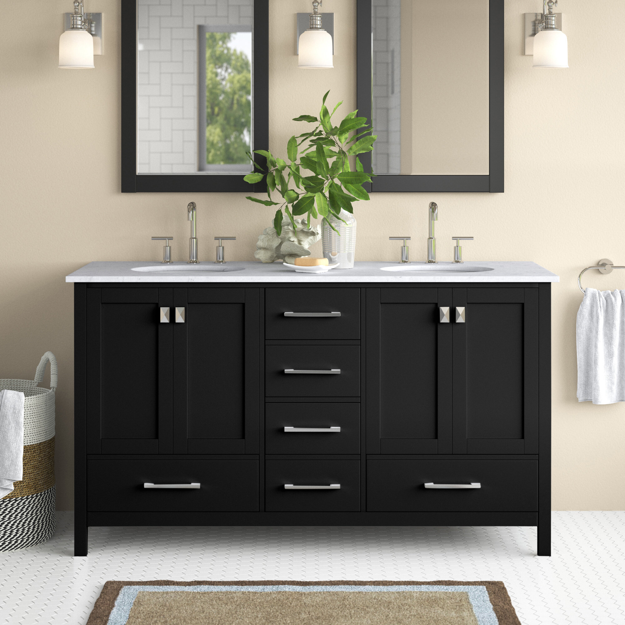 sleek grey marble bathroom with LED lighting, double vanity, and