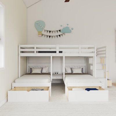 Solid Wood Full Over Twin & Twin Bunk Bed, Triple Bunk Bed With Drawers