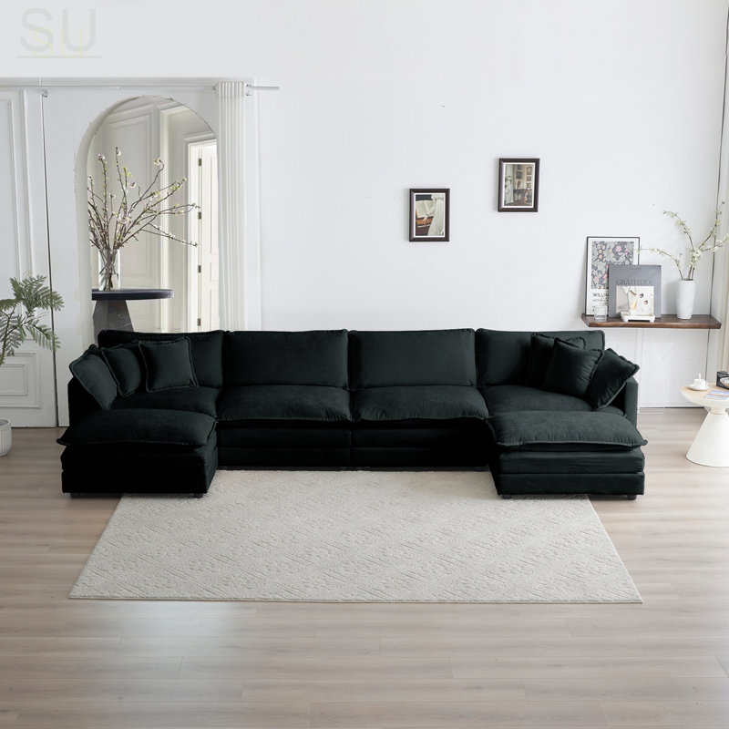 Comfort U Shaped Couch With Reversible Chaise, Modular Large U-Shape Sectional Sofa, Double Extra Ottomans, Black