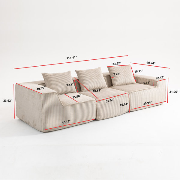 Latitude Run® Corduroy Modular Sectional Sofa With Plush Back Pillow, 3 ...