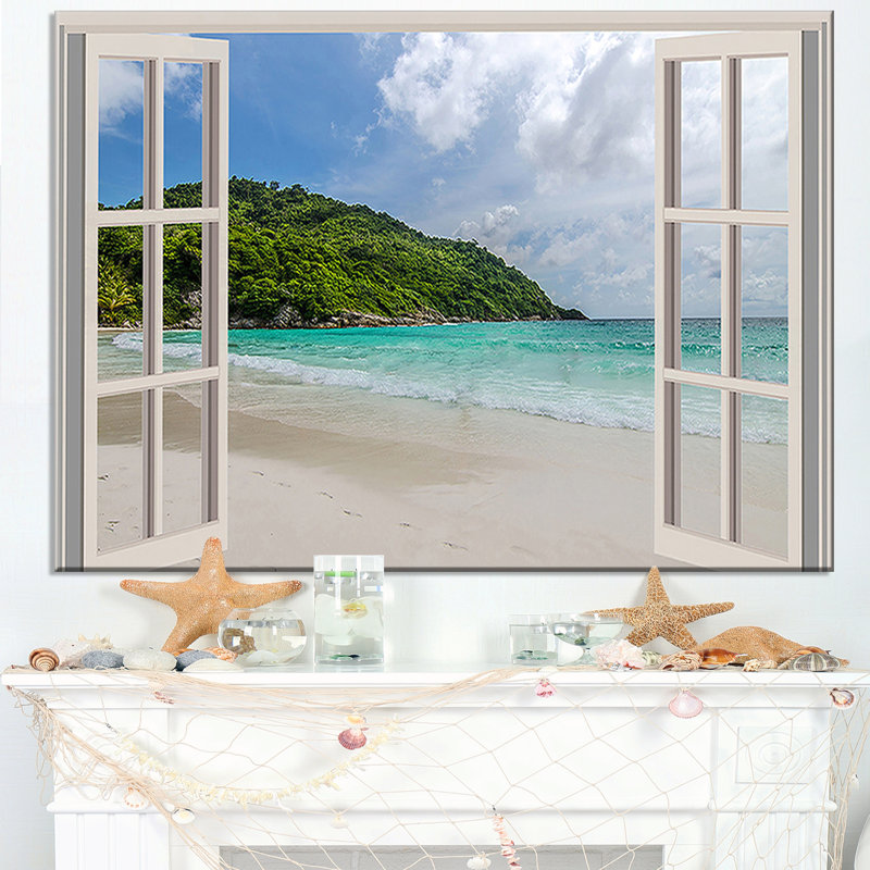 «Coastal Window Seashore View», art mural sur toile - Bord de mer calme, H 30 po x l 40 po x 1,5 po, Métal