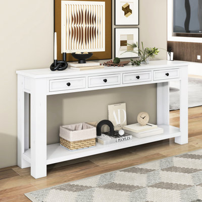 Console l 63 po x l 14 po x H 30 po: bois massif, options de rangement rustique avec 4 tiroirs et tablette