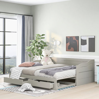 Gray Wooden Daybed With Trundle And Two Drawers, Good For Different Home Spaces Expandable To Provide More Space