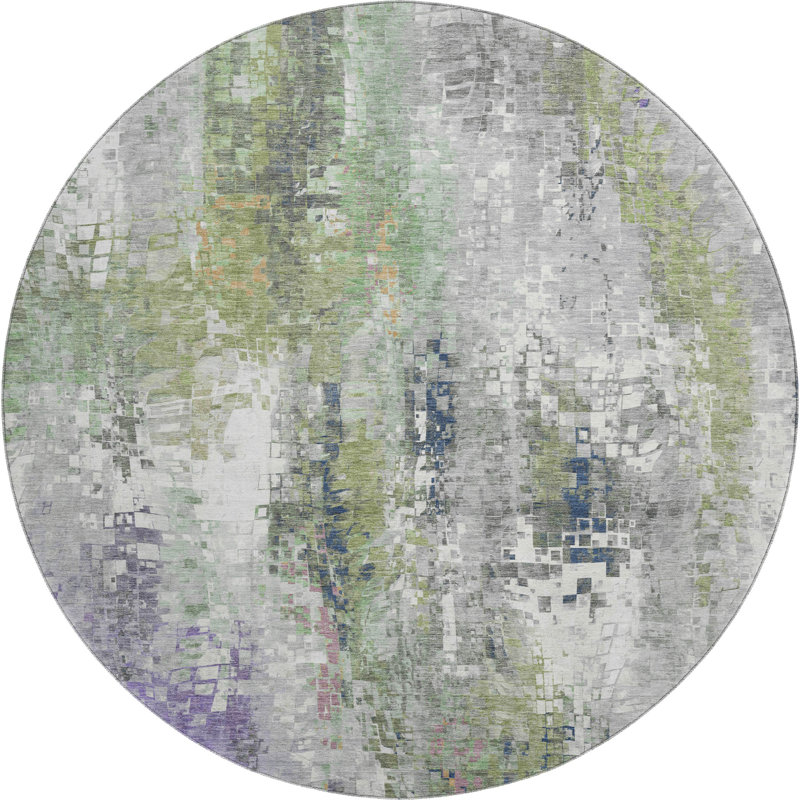 Premium Machine Washable Mayfield AMF2254 Abstract Rug, Aloe, 8' Round
