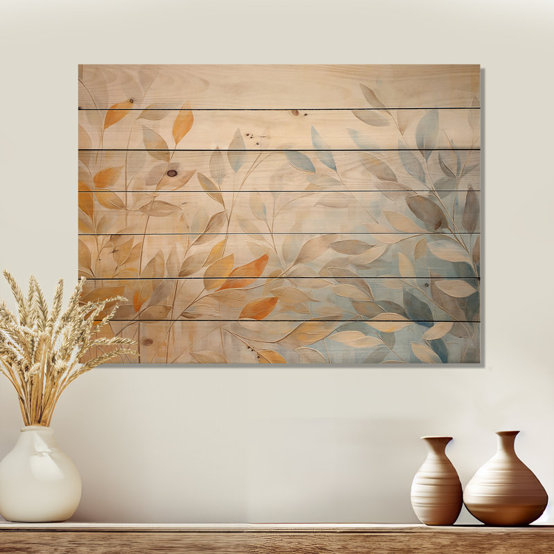 «Leaves Autumn Sunlight Harmony I» - Art mural en bois sur bois de pin naturel, H 30 po x l 40 po