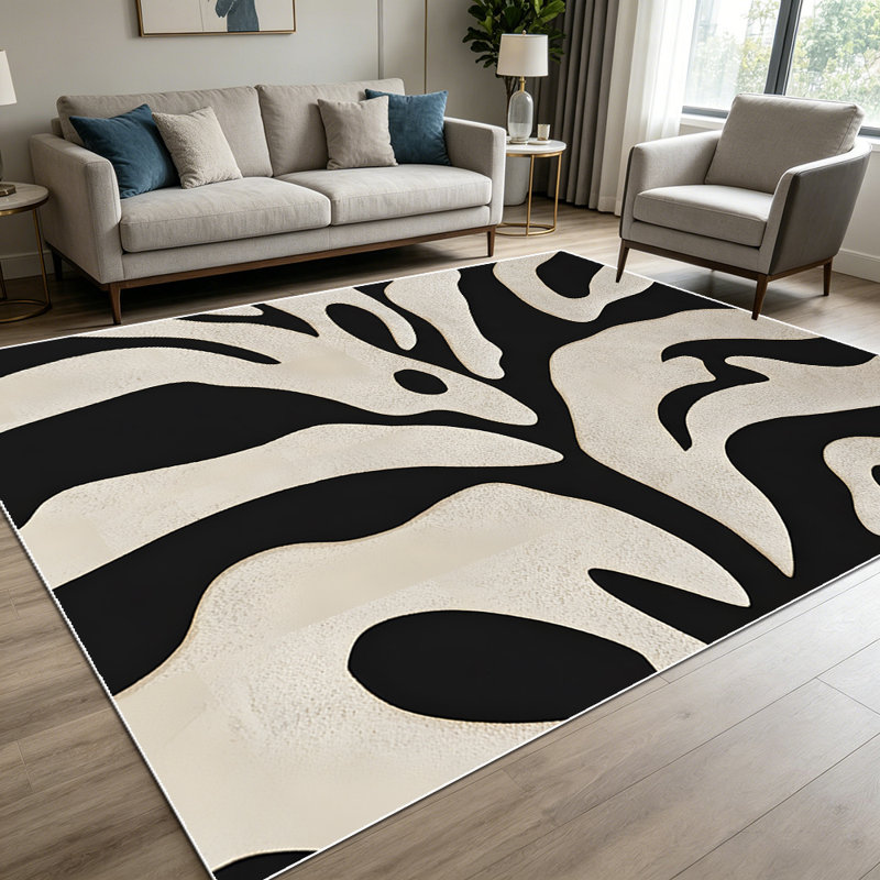 1PC Black and Beige Abstract Swirl Botanical area rugs for Living Room, Soft and Comfortable, Suitable for all seasons, easy-to-maintain, machine washable Indoor floor mat, Under Table Farmhouse suitable for dining room, bedroom, home office,