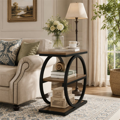 3-Tier End Table, Industrial Sofa Side Table with Round Metal Frame