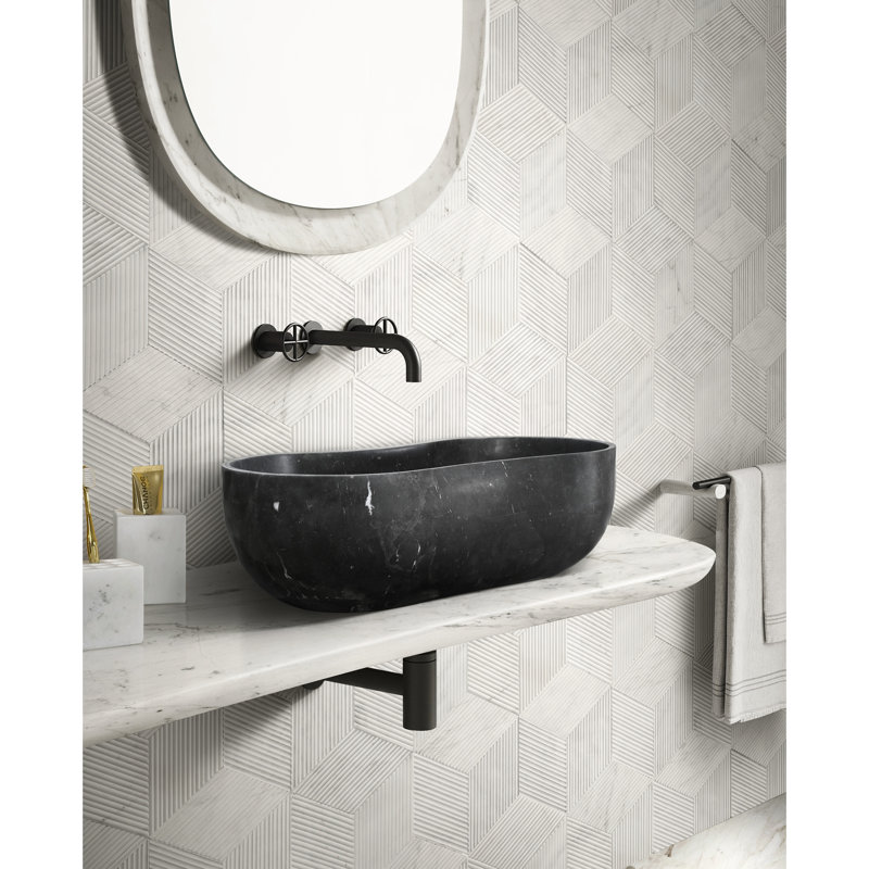 Lavabo vasque en marbre gris foncé, conception à vagues organiques 23,6 po, monobloc massif, finition mate pour salle de bain