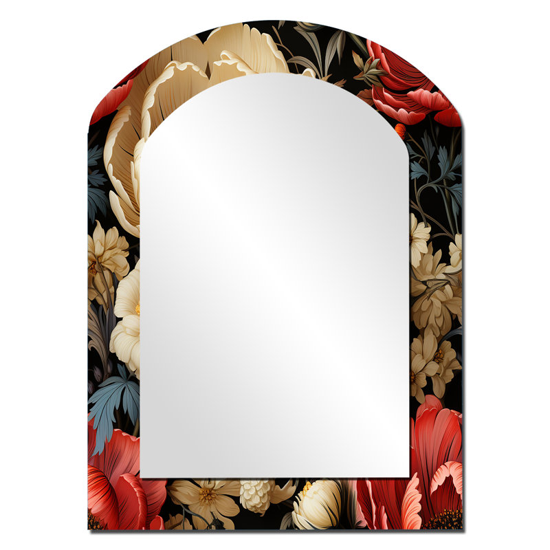 Rouge et beige élégant champ de coquelicots - grand miroir mural arqué sur métal, 34 po x 25 po