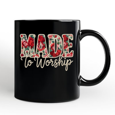 Made to Worship Printed Faux Yarn Crochet Christian Mug, Floral Retro Faith Gift with Custom Name