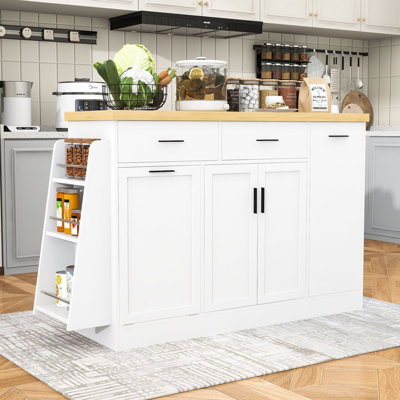 Stylish Kitchen Island with Hidden Trash Bin Compartment, Sliding Doors, Adjustable Shelf and Spice Rack