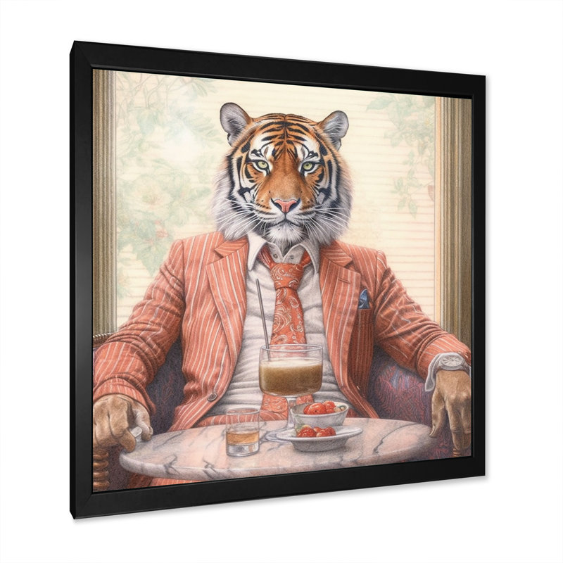 Tigre ayant une boisson I - Animal ayant une boisson, impression sur toile, H 36 po x l 36 po x P 1,5 po, Cadre simple noir