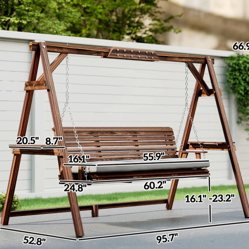 Balancelle d'extérieur - Fauteuil de conversation en bois avec coussin ergonomique et rembourré, tablettes latérales et chaîne réglable. Structure en bois de sapin massif pour une stabilité optimale. Plateaux de jardin et système de suspension sécurisé. Cadre