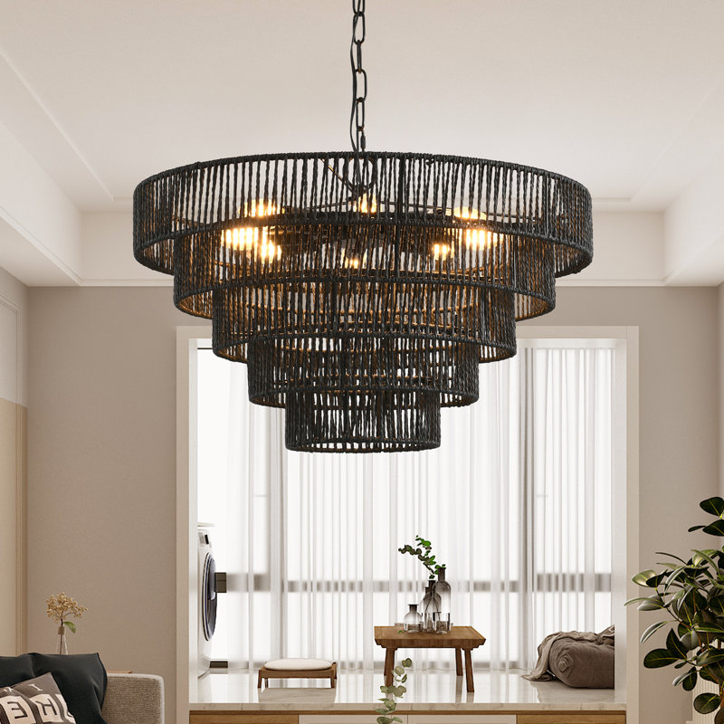 8-Light matte black hemp rope woven adjustable iron pendant lamp, 8 Lights, Black