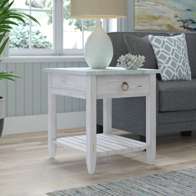 Decastro Coastal Solid Wood White Washed End Table with Storage