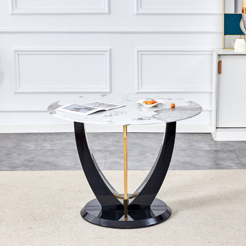 Table de salle à manger en verre, H 30 po x L 42 po x l 42 po, Blanc / noir / or