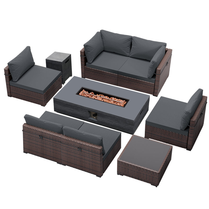 Ensemble de conversation modulaire en rotin 9 pièces avec coussins 9 pièces, Gris foncé