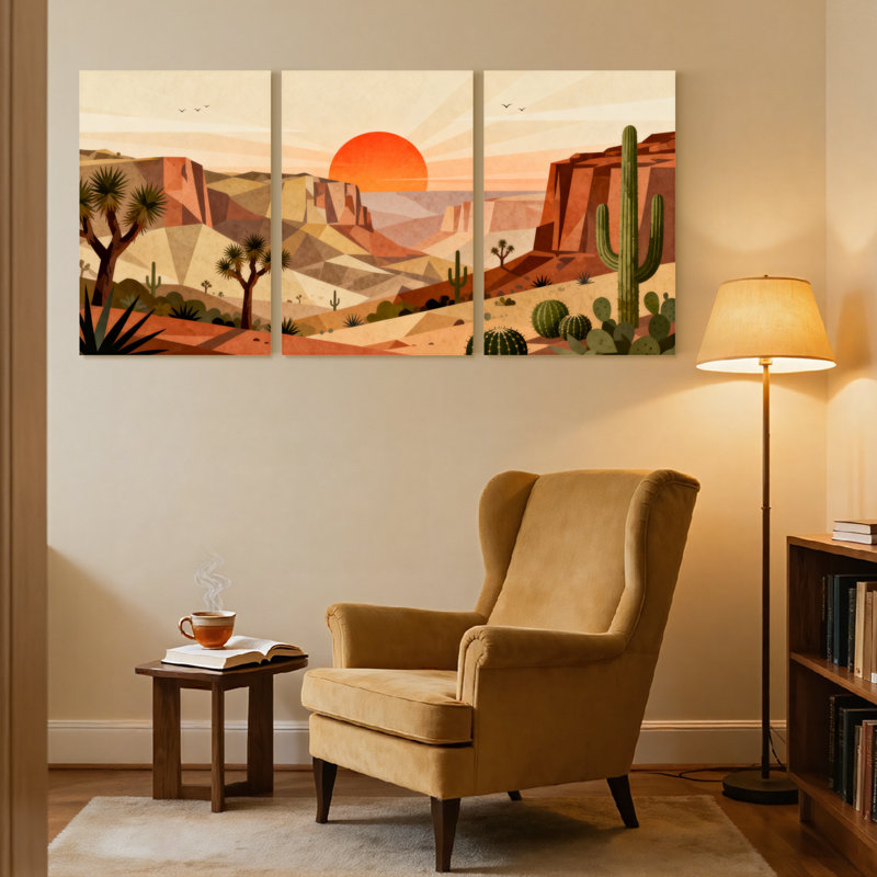 «Landscape & Nature Desert Landscape Sunset Cactus Reflection Mountains Sky Birds», ensemble de 3 impressions sur toile