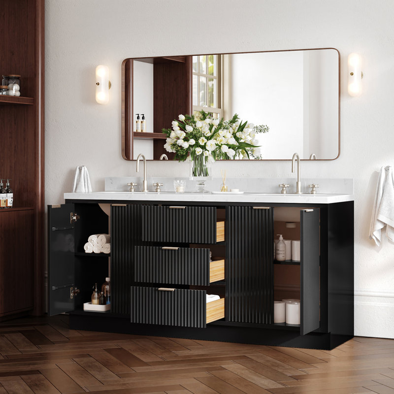 Meuble-lavabo double en bois massif 72 po avec comptoir en quartz noir Carrara de 1,5 po Haun, Rectangulaire