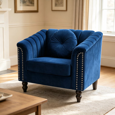 Fauteuil Chesterfield en velours, fauteuil club capitonné avec garniture cloutée et pieds en bois pour le salon