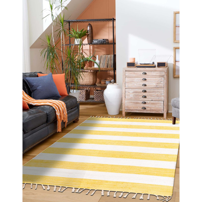 Johnie Hand-Knotted Cotton Yellow and Ivory White Rug, Rectangle 4'1" x 6'1"