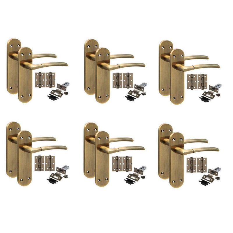 Golden Grace 6 Pairs Victorian Indiana Design Long Rounded Backplate Internal Door Handle Antique Brass with 2.5" Latch & Hinges - 182mm x 45mm