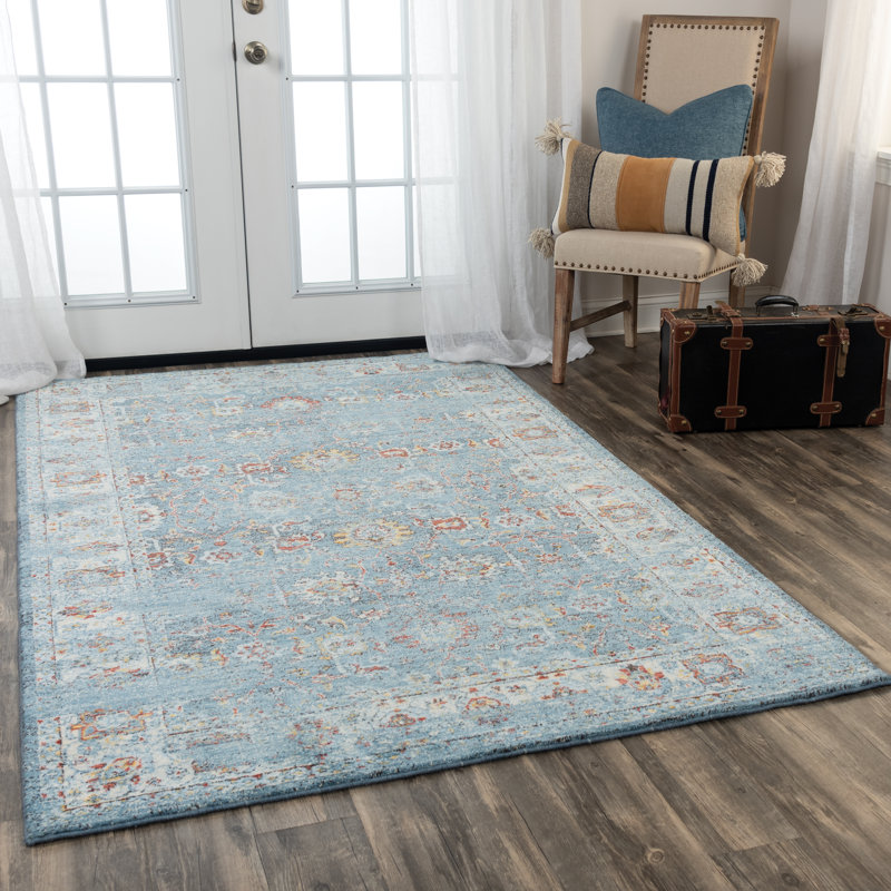 Tapis bleu / beige en laine à motif floral Maratea, Rectangle 5 pi x 8 pi