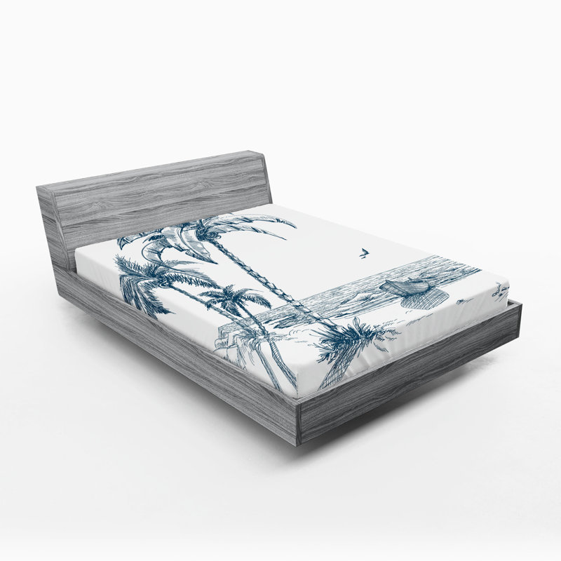 Ambesonne Island Fitted Sheet 2-Pack Palm Tree Boat Sketch Petrol Blue White, King Fitted Sheet