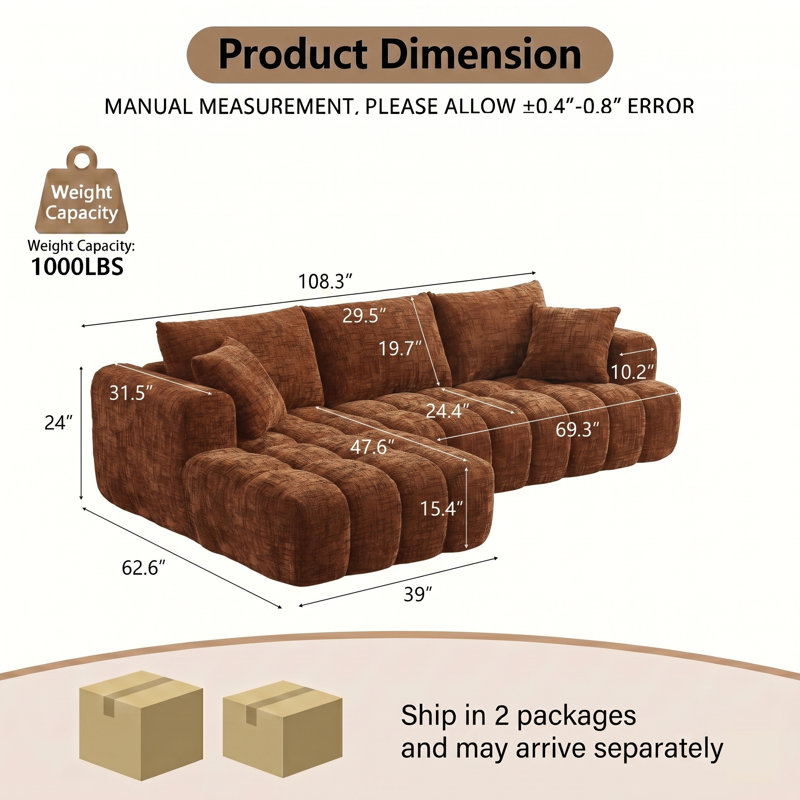 108.3" Chenille Modular Sectional Couch, 4-Seat Oversized L-Shaped Boneless Cloud Couch with Deep Seat & Tufting, No Assembly Required, Compressed Sleeper Sofa for Living Room, Apartment, Reception Spaces