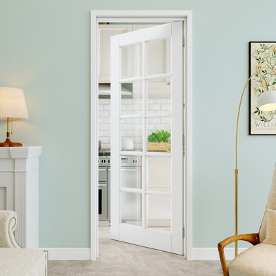30" x 96" 10-Lite Clear Glass Interior Prehung Door with Silver Hinges, Clear Glass Door Slab, Paintable & Waterproof, Suit for Laundry, Closet Doors, Room Doors, Right Hand