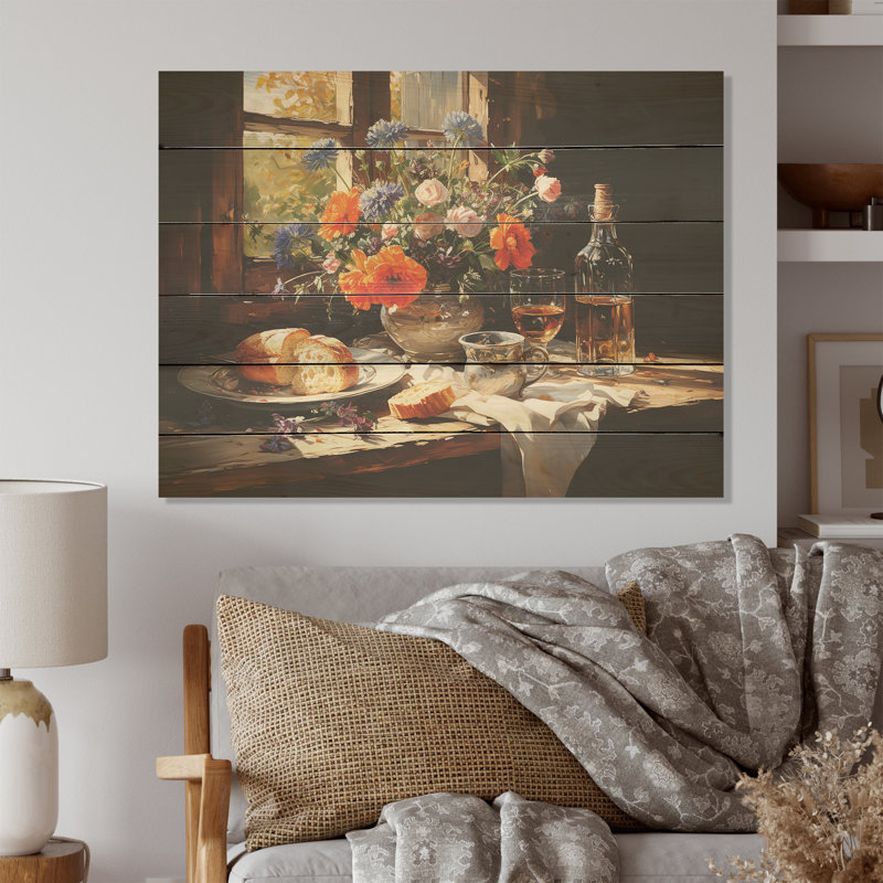 «Rustic Banquet In France - Repas et pique-niques», art mural sur bois de pin naturel, H 30 po x l 40 po