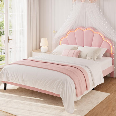 Queen Velvet Platform Bed Frame with Adjustable Shell Headboard and LED Light, Under-Bed Storage, No Box Spring Required